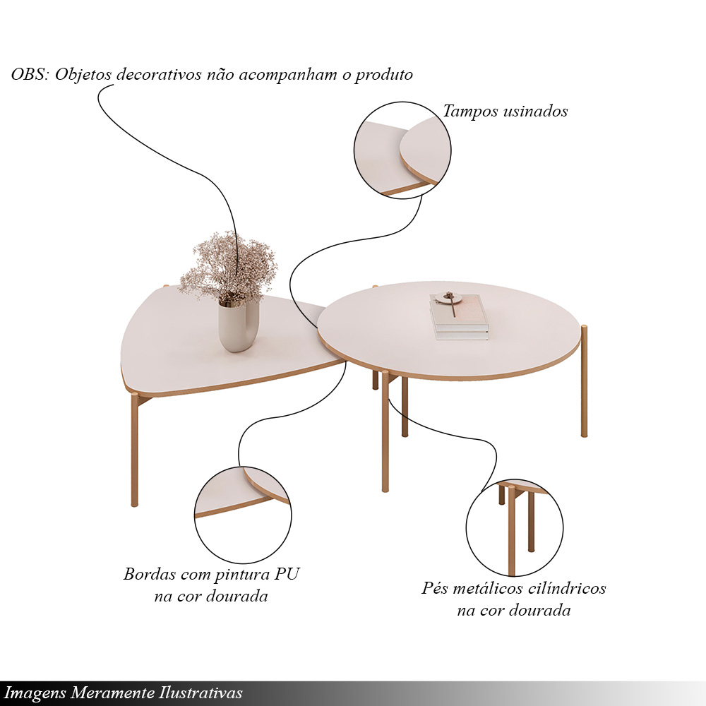 Conjunto Mesas de Centro Decorativas Oak e Dutton Pés Metálicos Dourados Off White G18 - Gran Belo