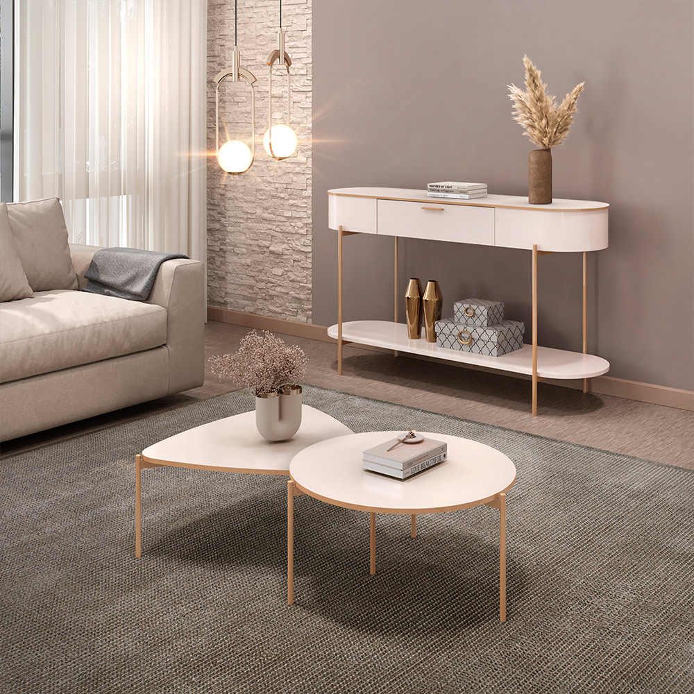 Conjunto Mesas de Centro Decorativas Oak e Dutton Pés Metálicos Dourados Off White G18 - Gran Belo