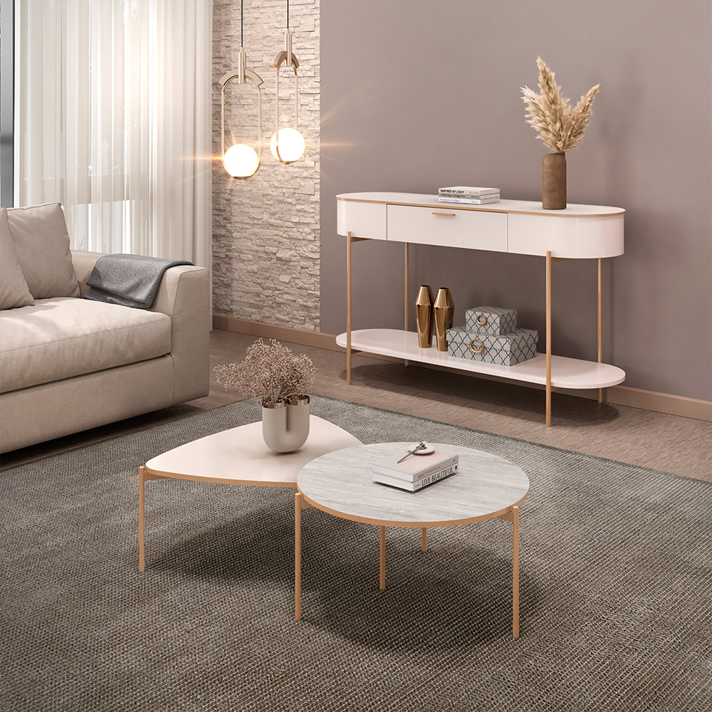 Conjunto Mesas de Centro Decorativas Oak e Dutton Pés Metálicos Dourados Off White/Quartzo G18 - Gran Belo