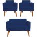 Conjunto Namoradeira e 2 Poltronas Decorativas Isabella Pés Palito Madeira Suede Azul Marinho G19 - Gran Belo