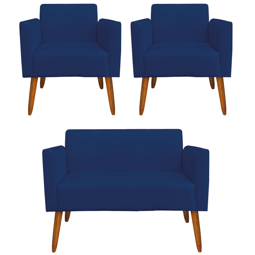 Conjunto Namoradeira e 2 Poltronas Decorativas Isabella Pés Palito Madeira Suede Azul Marinho G19 - Gran Belo