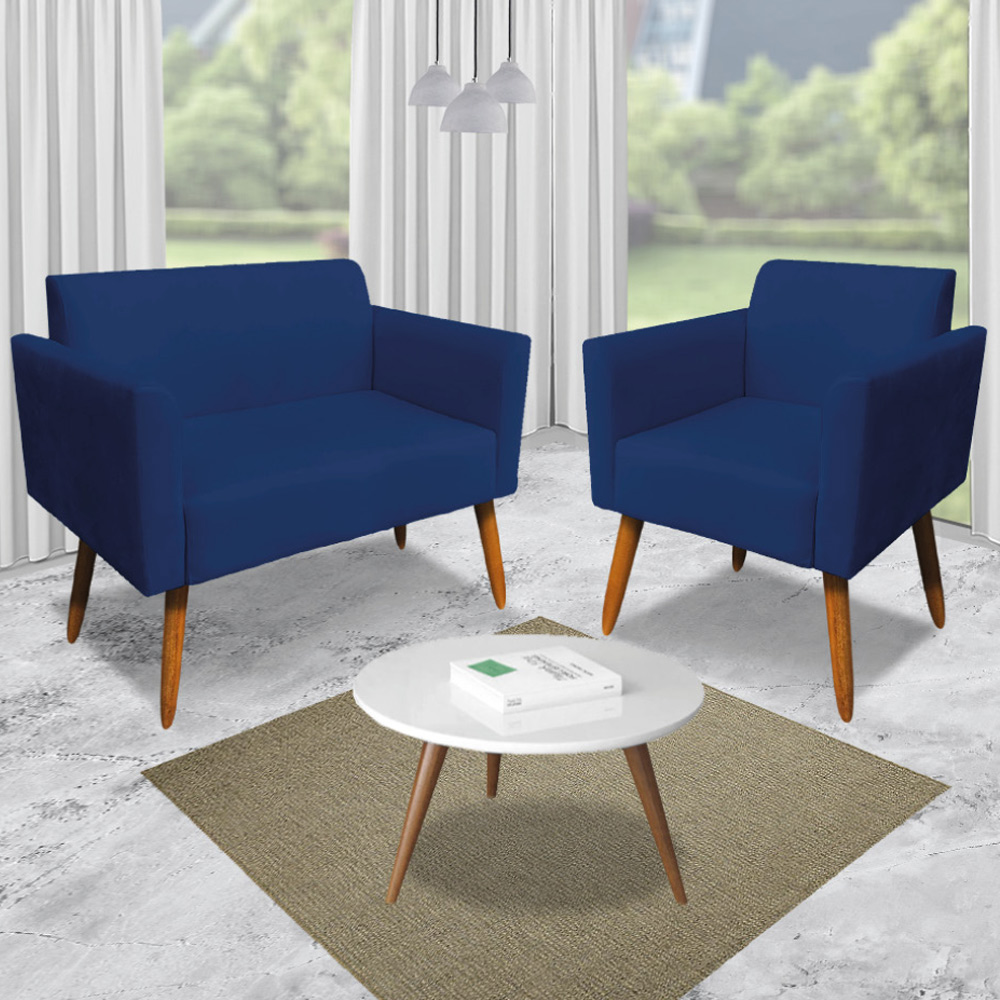 Conjunto Namoradeira e 2 Poltronas Decorativas Isabella Pés Palito Madeira Suede Azul Marinho G19 - Gran Belo
