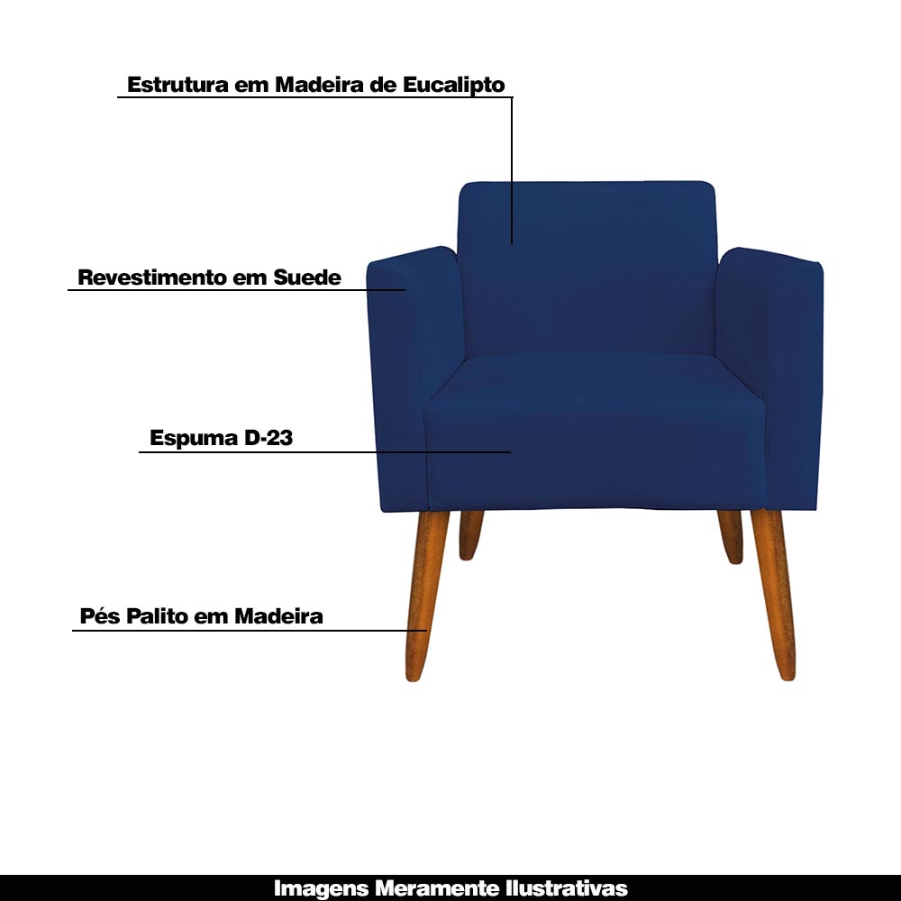 Conjunto Namoradeira e 2 Poltronas Decorativas Isabella Pés Palito Madeira Suede Azul Marinho G19 - Gran Belo