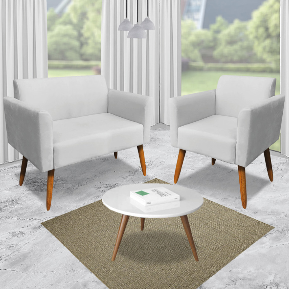 Conjunto Namoradeira e 2 Poltronas Decorativas Isabella Pés Palito Madeira Suede Cinza G19 - Gran Belo