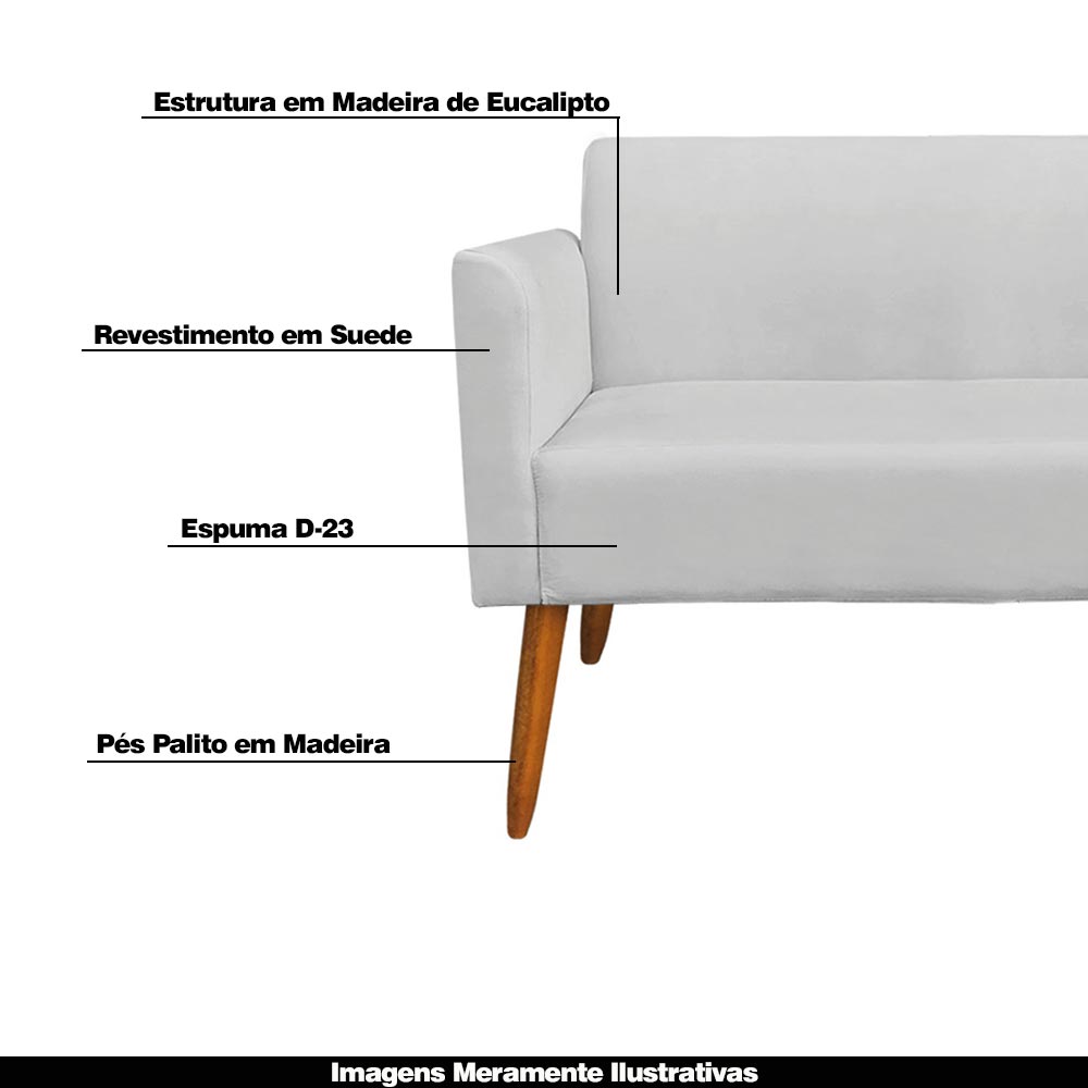 Conjunto Namoradeira e 2 Poltronas Decorativas Isabella Pés Palito Madeira Suede Cinza G19 - Gran Belo