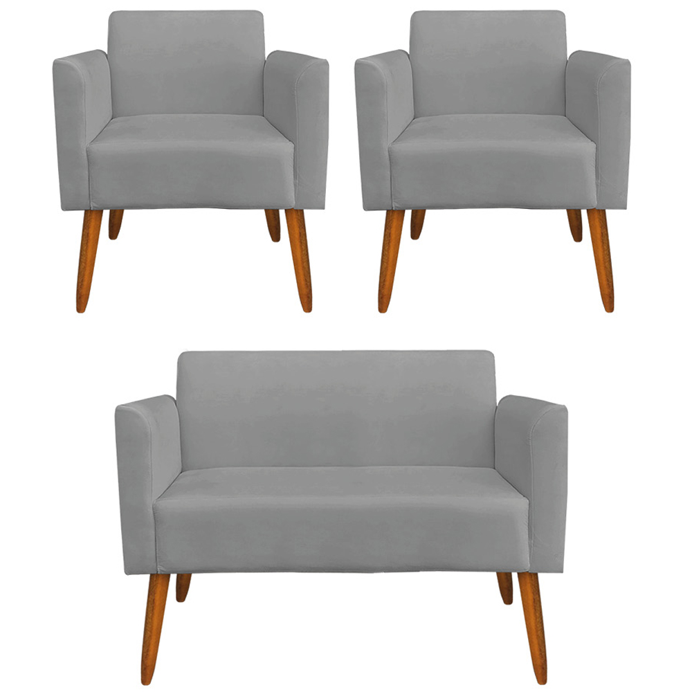 Conjunto Namoradeira e 2 Poltronas Decorativas Isabella Pés Palito Madeira Suede Grafite G19 - Gran Belo