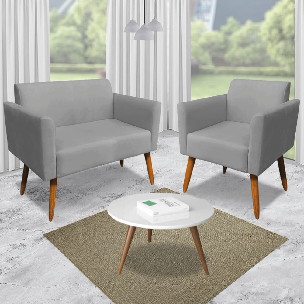 Conjunto Namoradeira e 2 Poltronas Decorativas Isabella Pés Palito Madeira Suede Grafite G19 - Gran Belo