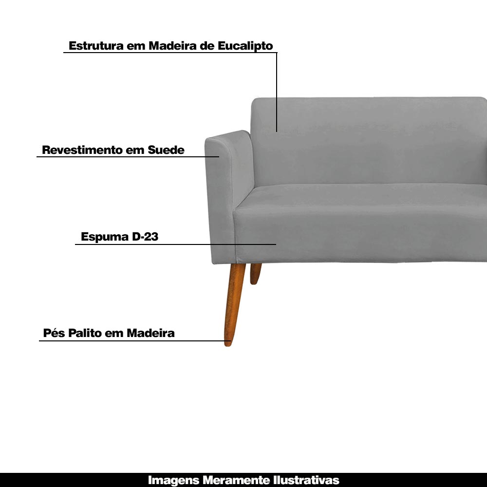 Conjunto Namoradeira e 2 Poltronas Decorativas Isabella Pés Palito Madeira Suede Grafite G19 - Gran Belo