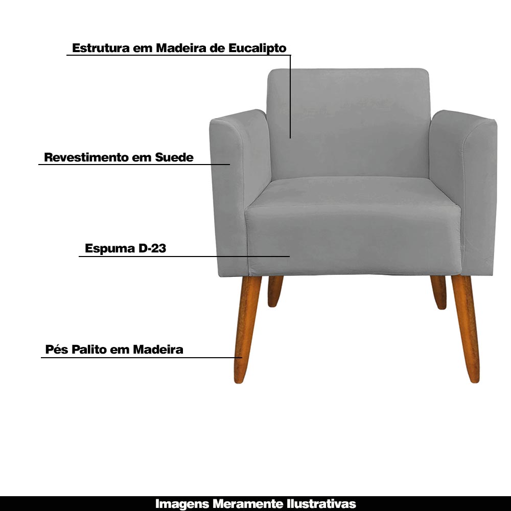 Conjunto Namoradeira e 2 Poltronas Decorativas Isabella Pés Palito Madeira Suede Grafite G19 - Gran Belo
