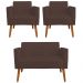 Conjunto Namoradeira e 2 Poltronas Decorativas Isabella Pés Palito Madeira Suede Marrom G19 - Gran Belo