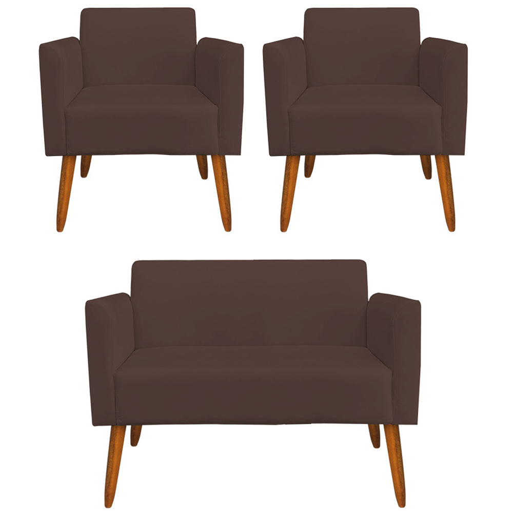 Conjunto Namoradeira e 2 Poltronas Decorativas Isabella Pés Palito Madeira Suede Marrom G19 - Gran Belo
