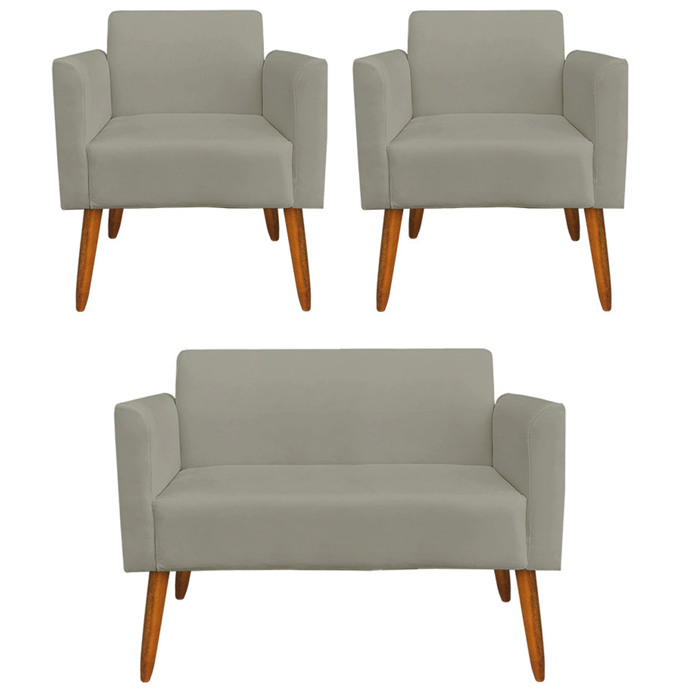 Conjunto Namoradeira e 2 Poltronas Decorativas Isabella Pés Palito Madeira Suede Nude G19 - Gran Belo
