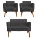 Conjunto Namoradeira e 2 Poltronas Decorativas Isabella Pés Palito Madeira Suede Preto G19 - Gran Belo