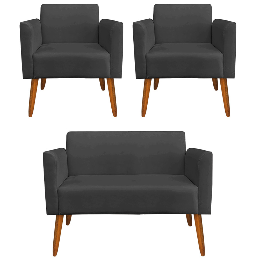 Conjunto Namoradeira e 2 Poltronas Decorativas Isabella Pés Palito Madeira Suede Preto G19 - Gran Belo