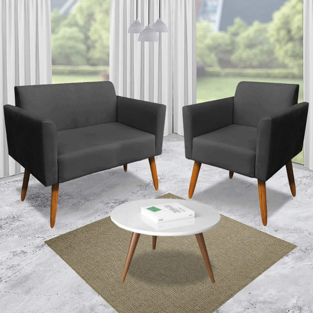 Conjunto Namoradeira e 2 Poltronas Decorativas Isabella Pés Palito Madeira Suede Preto G19 - Gran Belo