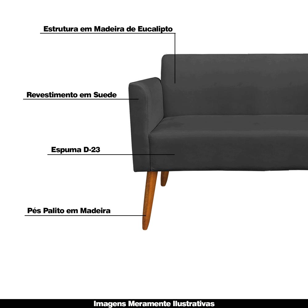 Conjunto Namoradeira e 2 Poltronas Decorativas Isabella Pés Palito Madeira Suede Preto G19 - Gran Belo