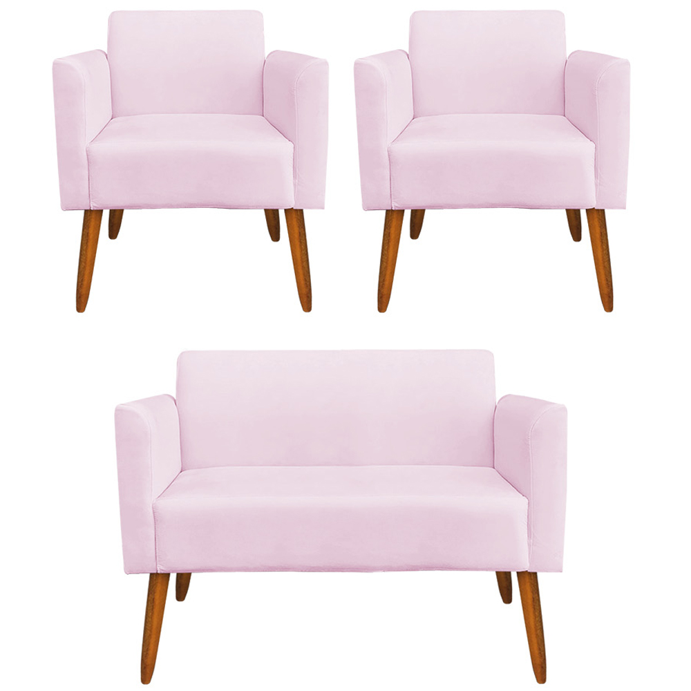 Conjunto Namoradeira e 2 Poltronas Decorativas Isabella Pés Palito Madeira Suede Rosa Bebê G19 - Gran Belo