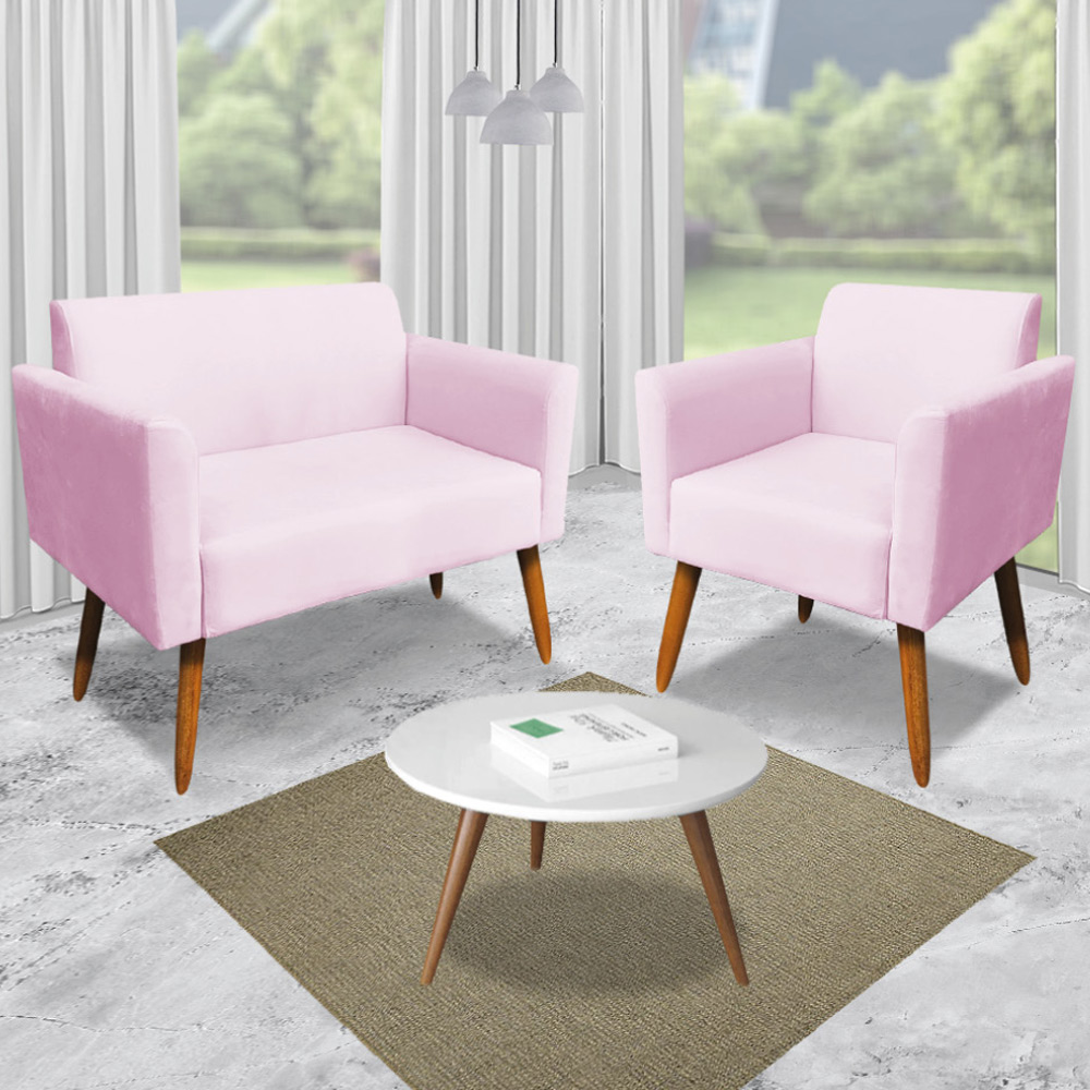 Conjunto Namoradeira e 2 Poltronas Decorativas Isabella Pés Palito Madeira Suede Rosa Bebê G19 - Gran Belo