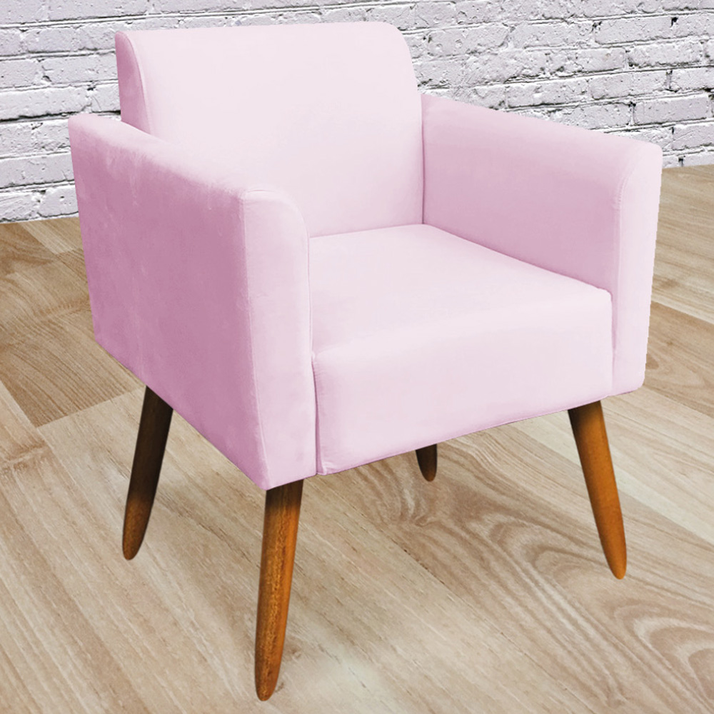 Conjunto Namoradeira e 2 Poltronas Decorativas Isabella Pés Palito Madeira Suede Rosa Bebê G19 - Gran Belo