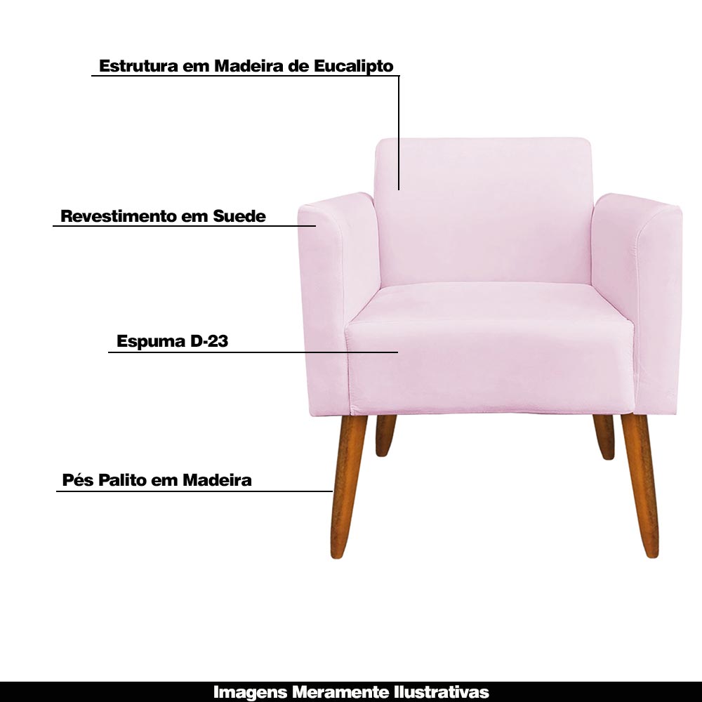 Conjunto Namoradeira e 2 Poltronas Decorativas Isabella Pés Palito Madeira Suede Rosa Bebê G19 - Gran Belo
