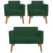 Conjunto Namoradeira e 2 Poltronas Decorativas Isabella Pés Palito Madeira Suede Verde G19 - Gran Belo