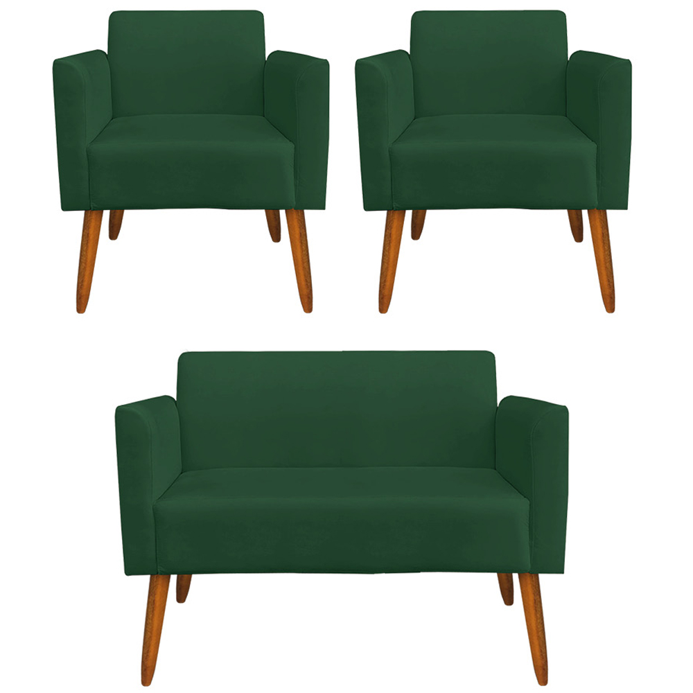 Conjunto Namoradeira e 2 Poltronas Decorativas Isabella Pés Palito Madeira Suede Verde G19 - Gran Belo