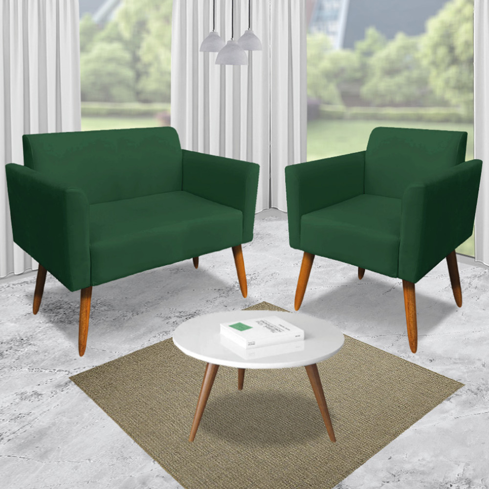 Conjunto Namoradeira e 2 Poltronas Decorativas Isabella Pés Palito Madeira Suede Verde G19 - Gran Belo