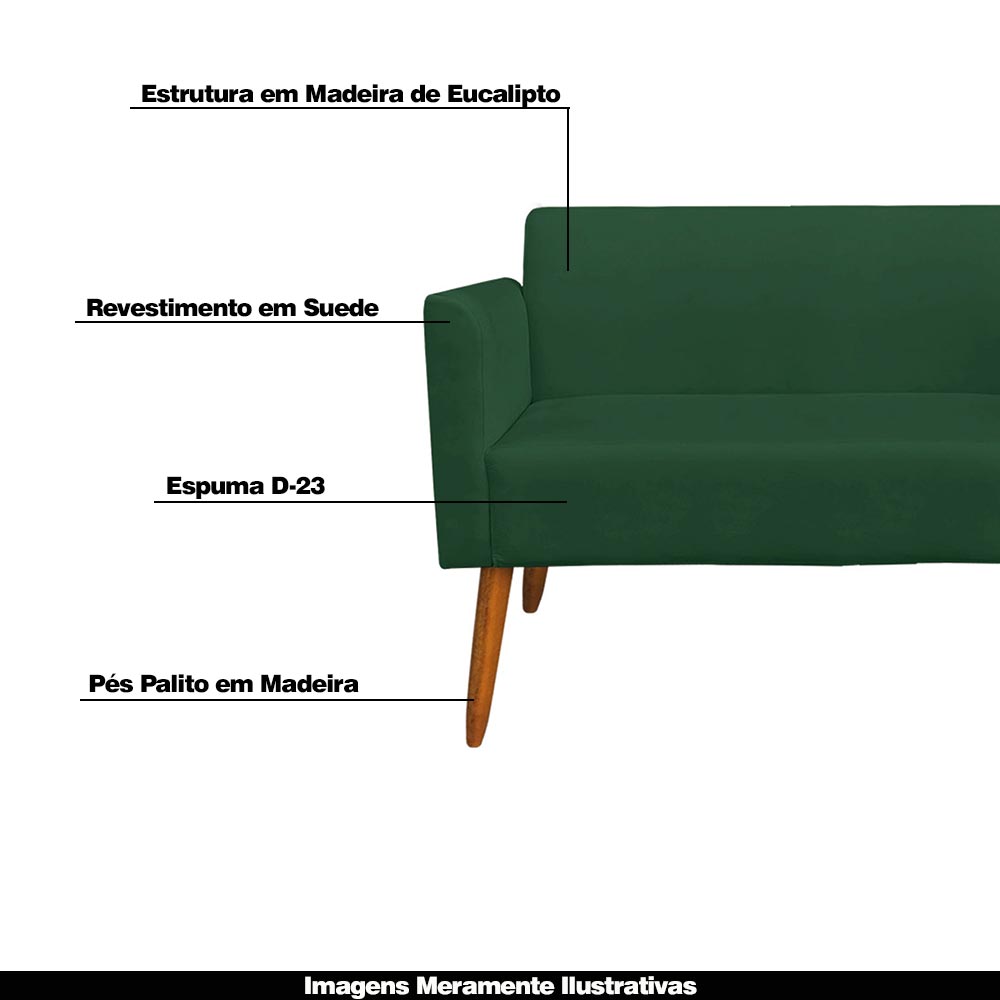 Conjunto Namoradeira e 2 Poltronas Decorativas Isabella Pés Palito Madeira Suede Verde G19 - Gran Belo
