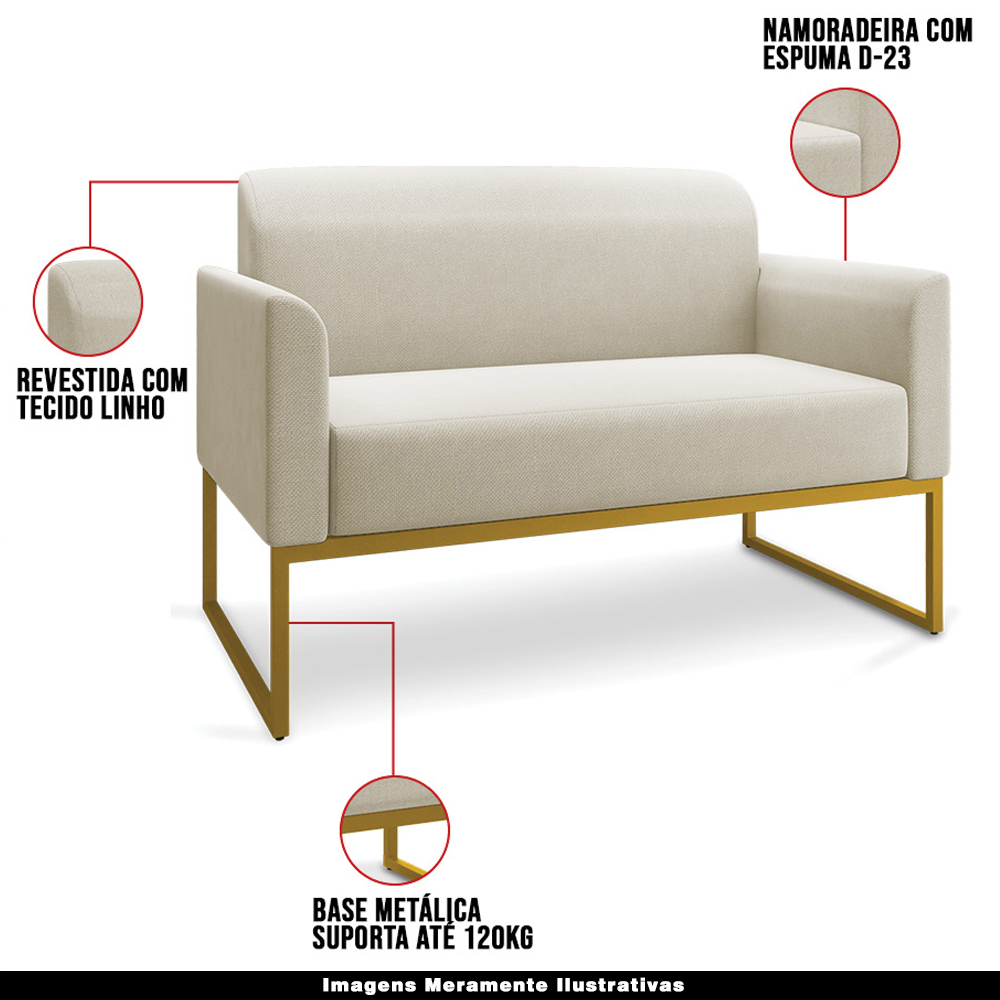 Conjunto Namoradeira e Poltrona Decorativa Isabella Base Industrial Linho Bege/Dourado G19 - Gran Belo