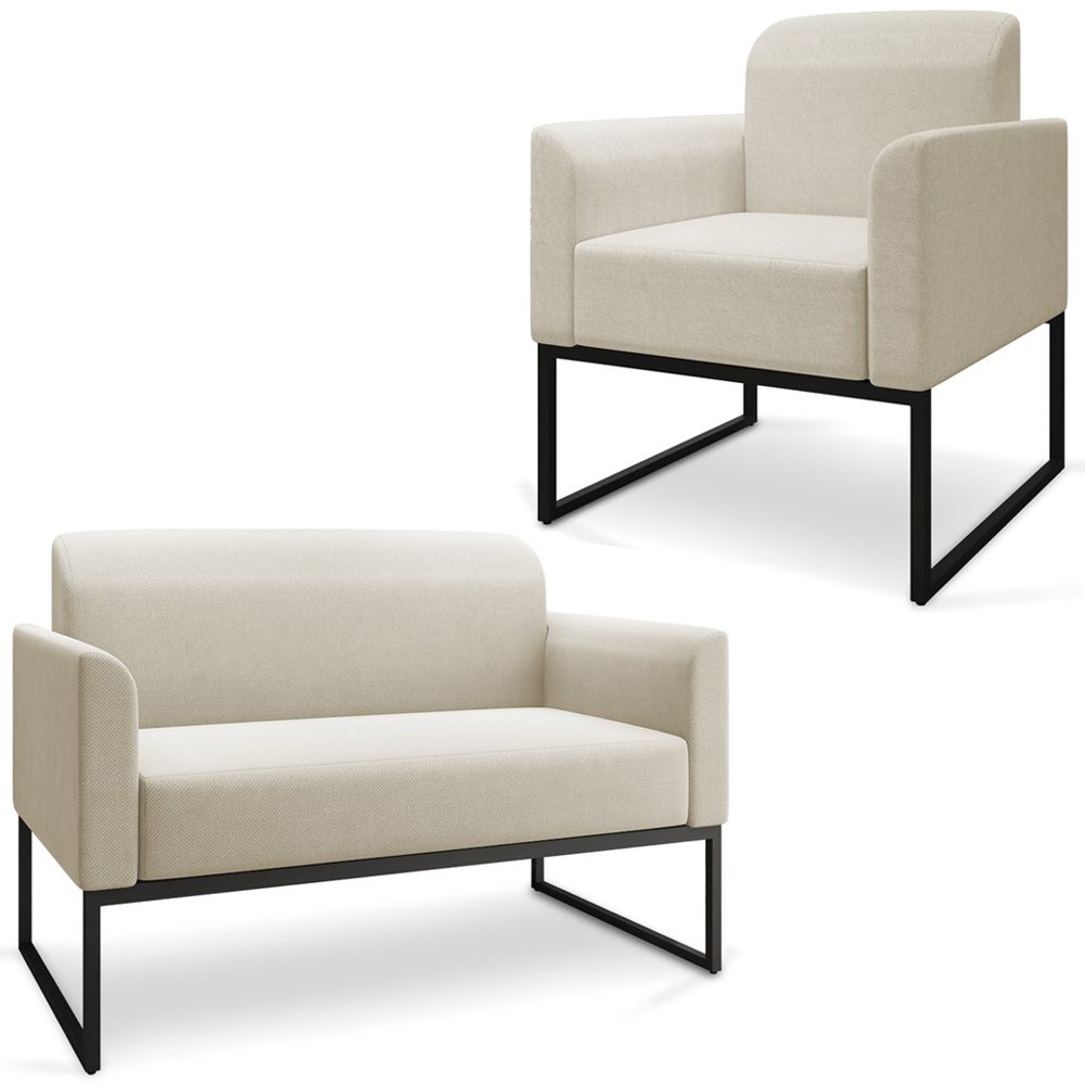 Conjunto Namoradeira e Poltrona Decorativa Isabella Base Industrial Linho Bege/Preto G19 - Gran Belo