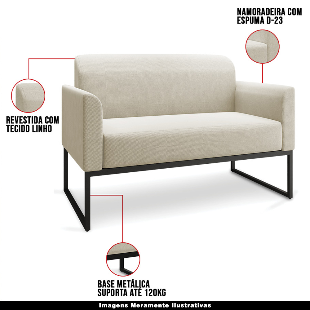 Conjunto Namoradeira e Poltrona Decorativa Isabella Base Industrial Linho Bege/Preto G19 - Gran Belo