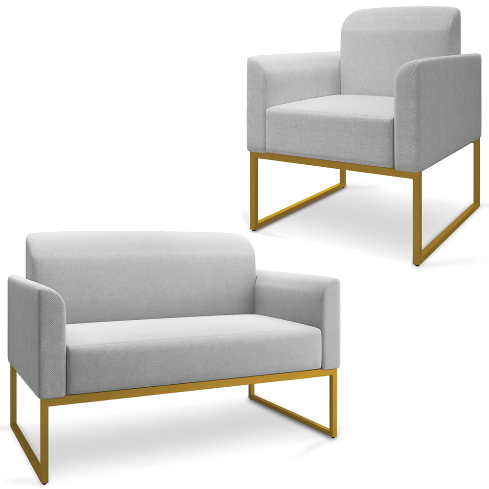 Conjunto Namoradeira e Poltrona Decorativa Isabella Base Industrial Linho Cinza/Dourado G19 - Gran Belo