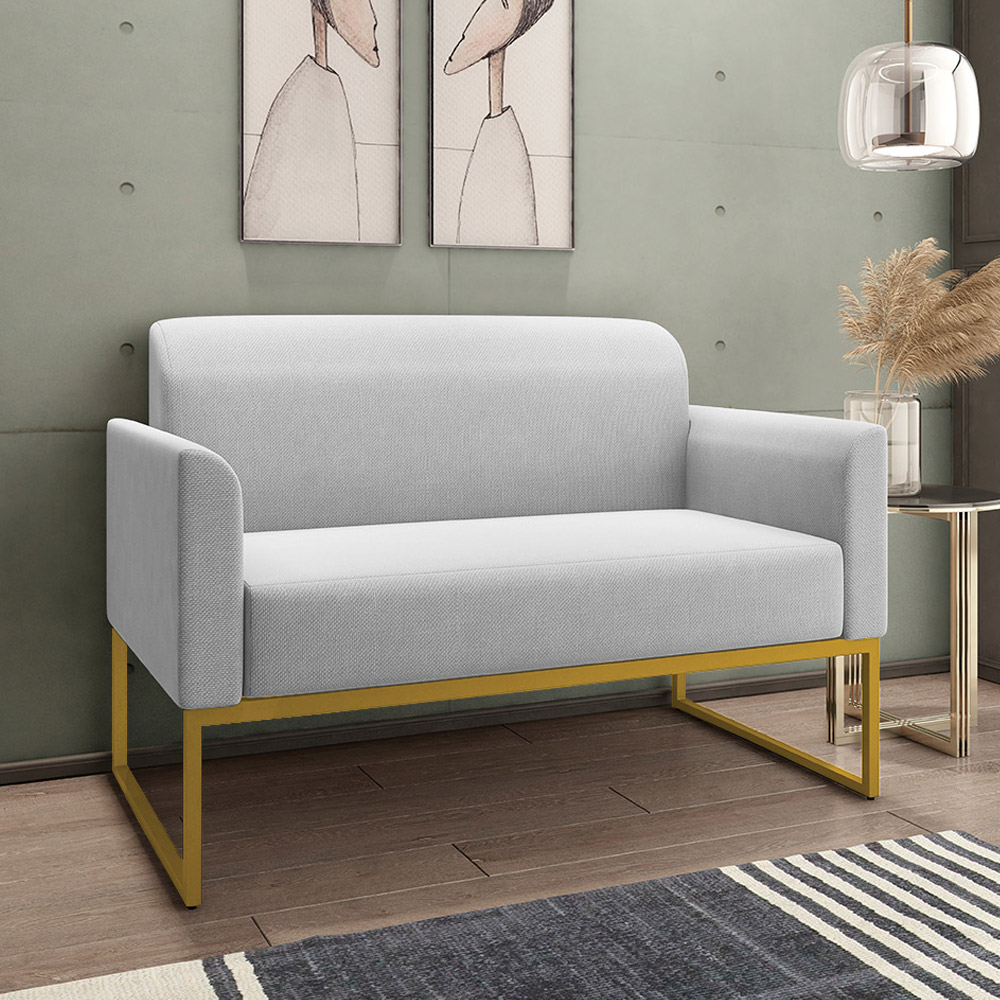 Conjunto Namoradeira e Poltrona Decorativa Isabella Base Industrial Linho Cinza/Dourado G19 - Gran Belo