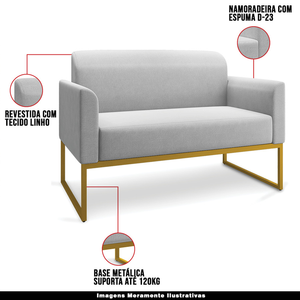Conjunto Namoradeira e Poltrona Decorativa Isabella Base Industrial Linho Cinza/Dourado G19 - Gran Belo