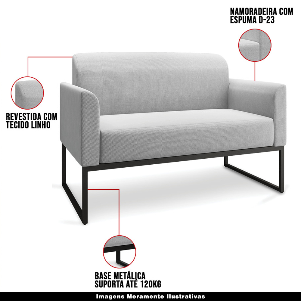 Conjunto Namoradeira e Poltrona Decorativa Isabella Base Industrial Linho Cinza/Preto G19 - Gran Belo