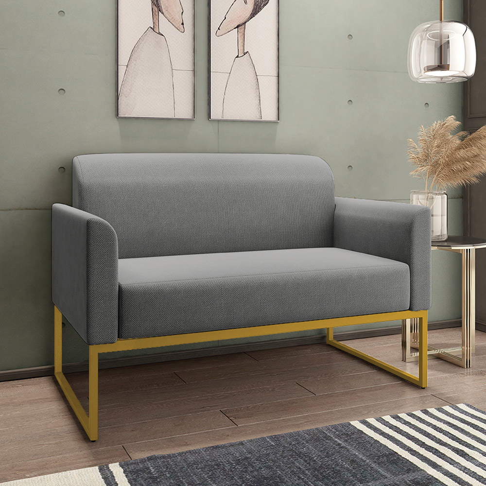 Conjunto Namoradeira e Poltrona Decorativa Isabella Base Industrial Linho Grafite/Dourado G19 - Gran Belo
