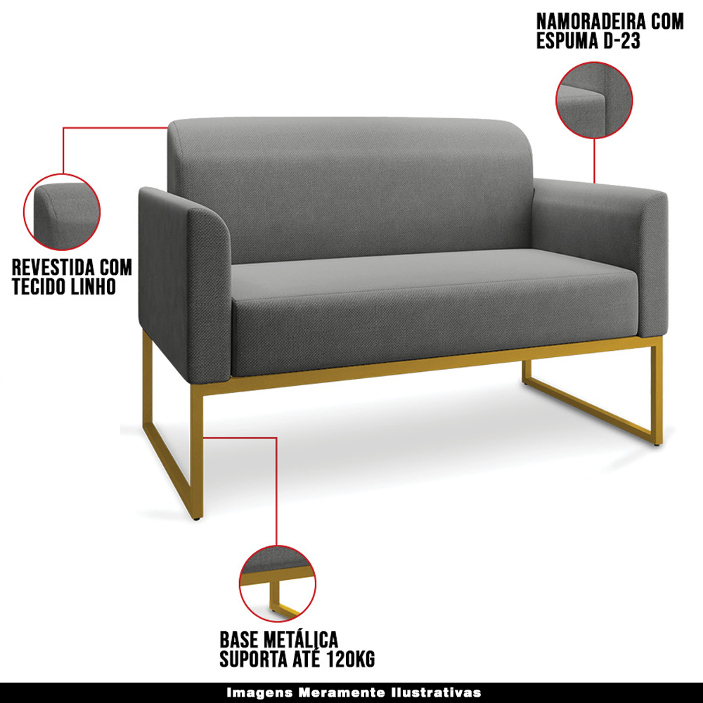 Conjunto Namoradeira e Poltrona Decorativa Isabella Base Industrial Linho Grafite/Dourado G19 - Gran Belo