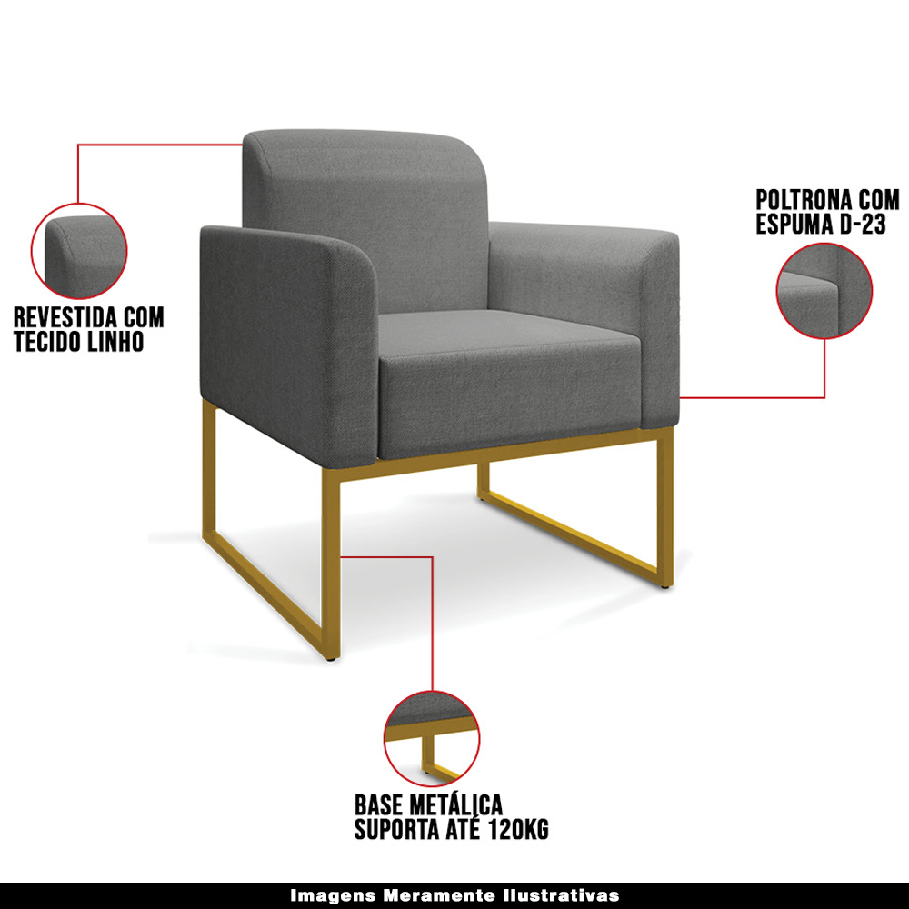 Conjunto Namoradeira e Poltrona Decorativa Isabella Base Industrial Linho Grafite/Dourado G19 - Gran Belo