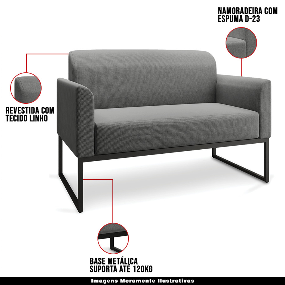 Conjunto Namoradeira e Poltrona Decorativa Isabella Base Industrial Linho Grafite/Preto G19 - Gran Belo
