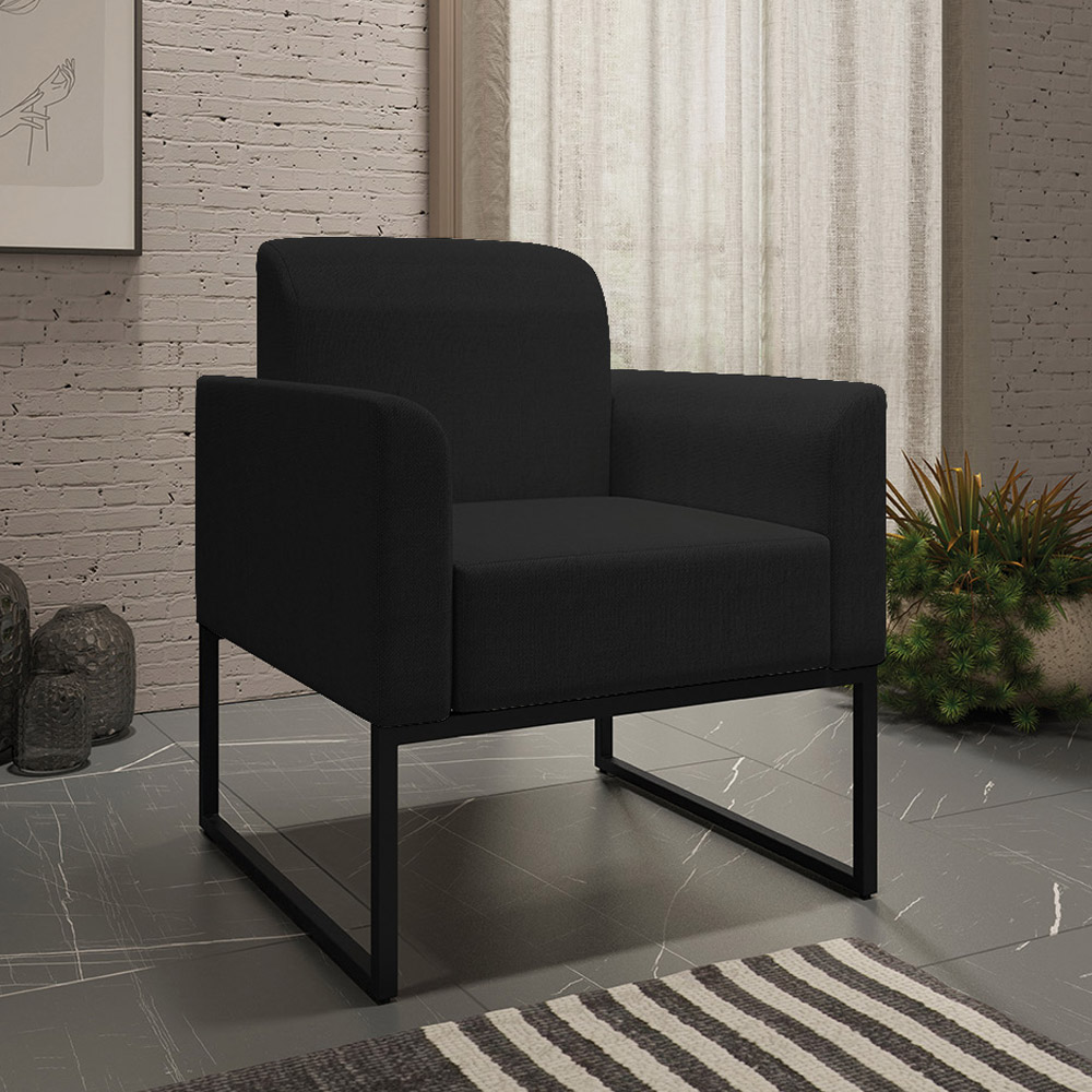 Conjunto Namoradeira e Poltrona Decorativa Isabella Base Industrial Linho Preto G19 - Gran Belo