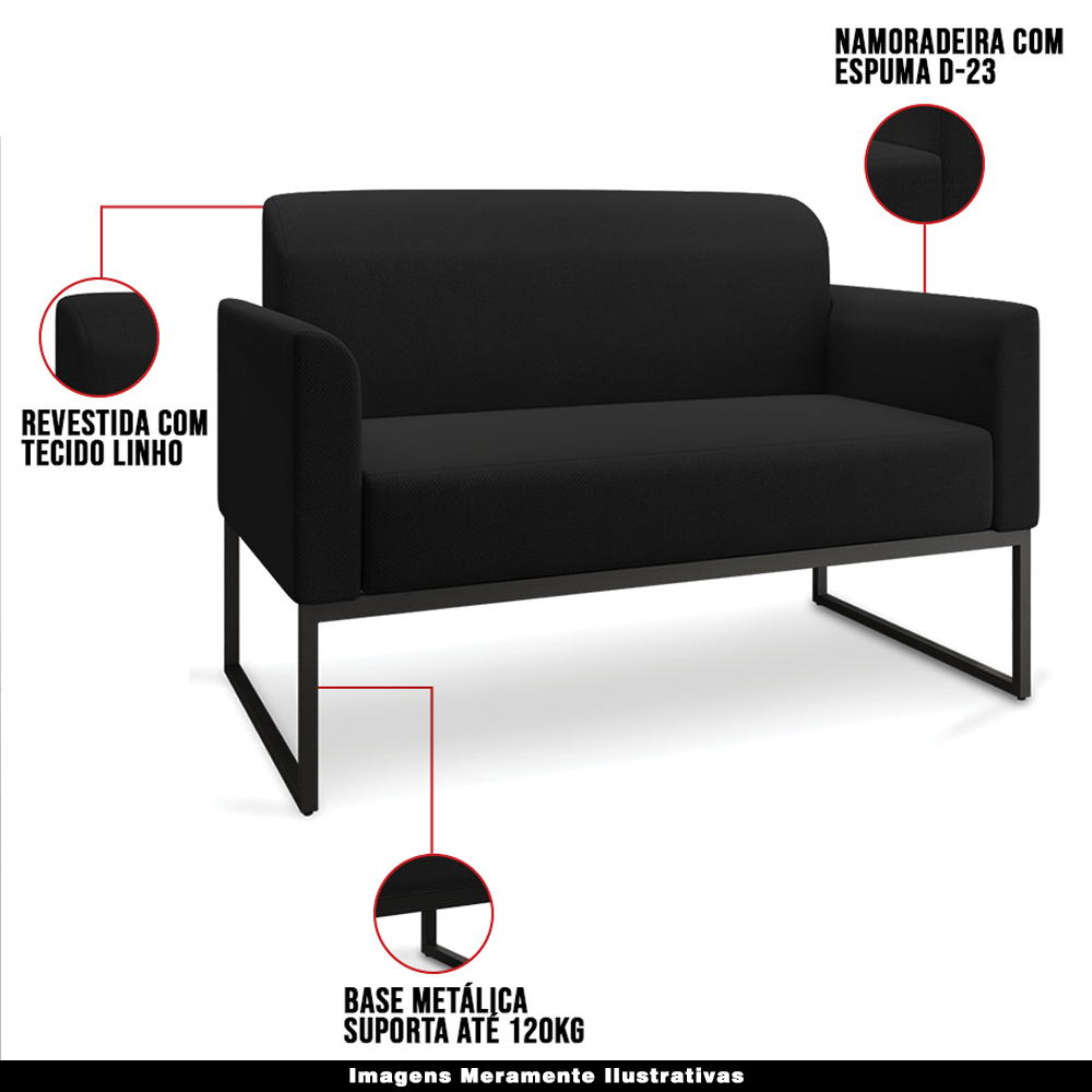 Conjunto Namoradeira e Poltrona Decorativa Isabella Base Industrial Linho Preto G19 - Gran Belo