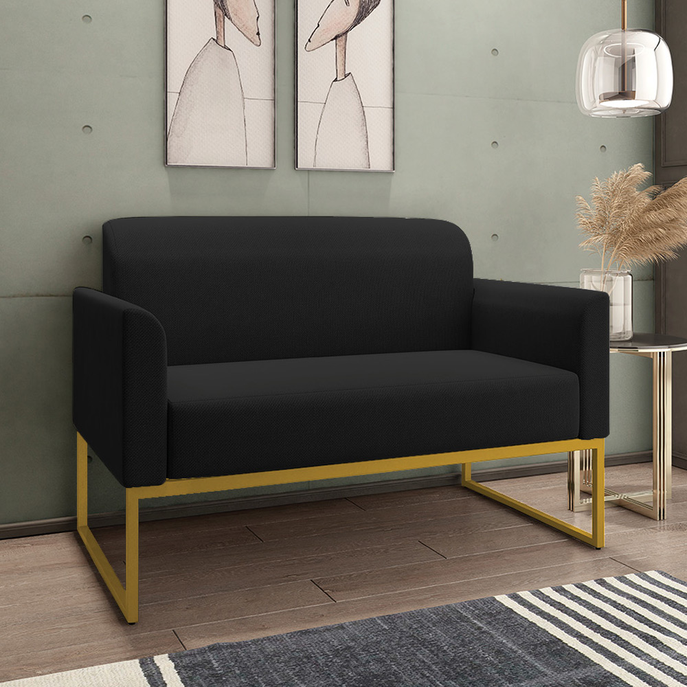 Conjunto Namoradeira e Poltrona Decorativa Isabella Base Industrial Linho Preto/Dourado G19 - Gran Belo