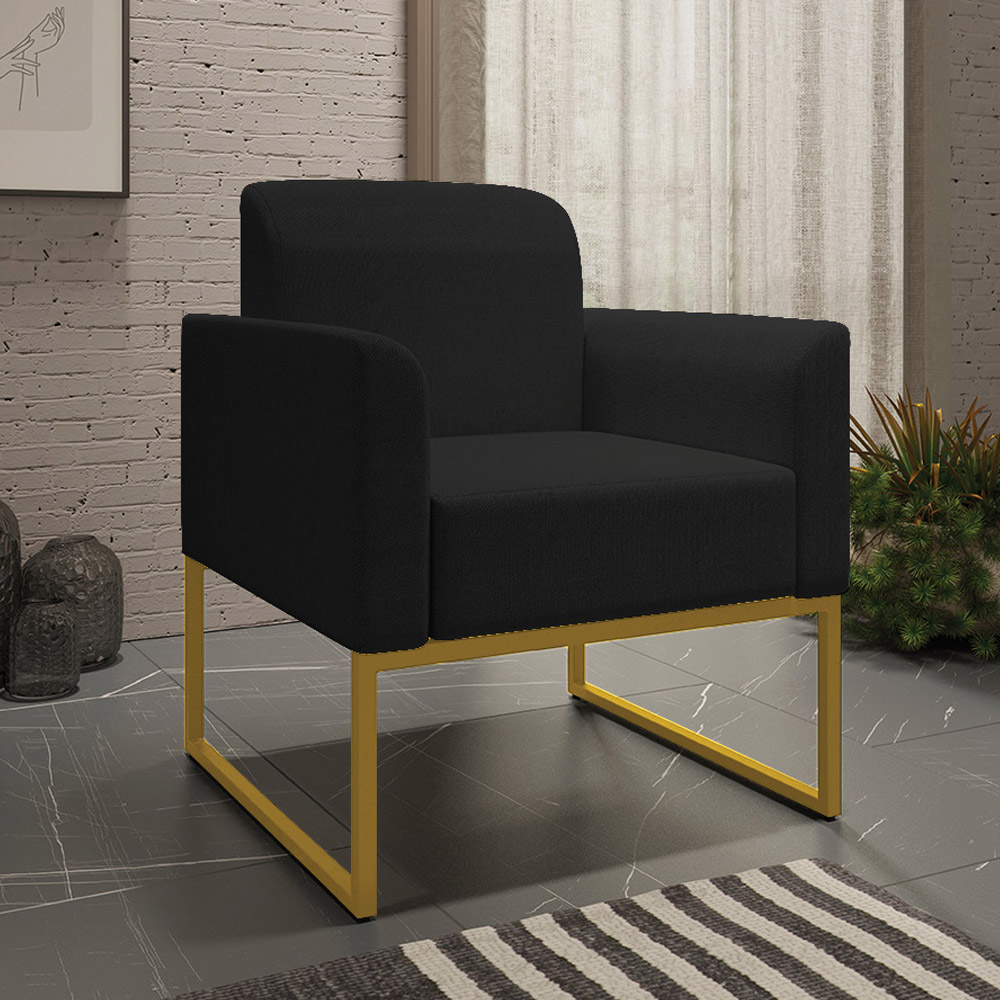 Conjunto Namoradeira e Poltrona Decorativa Isabella Base Industrial Linho Preto/Dourado G19 - Gran Belo