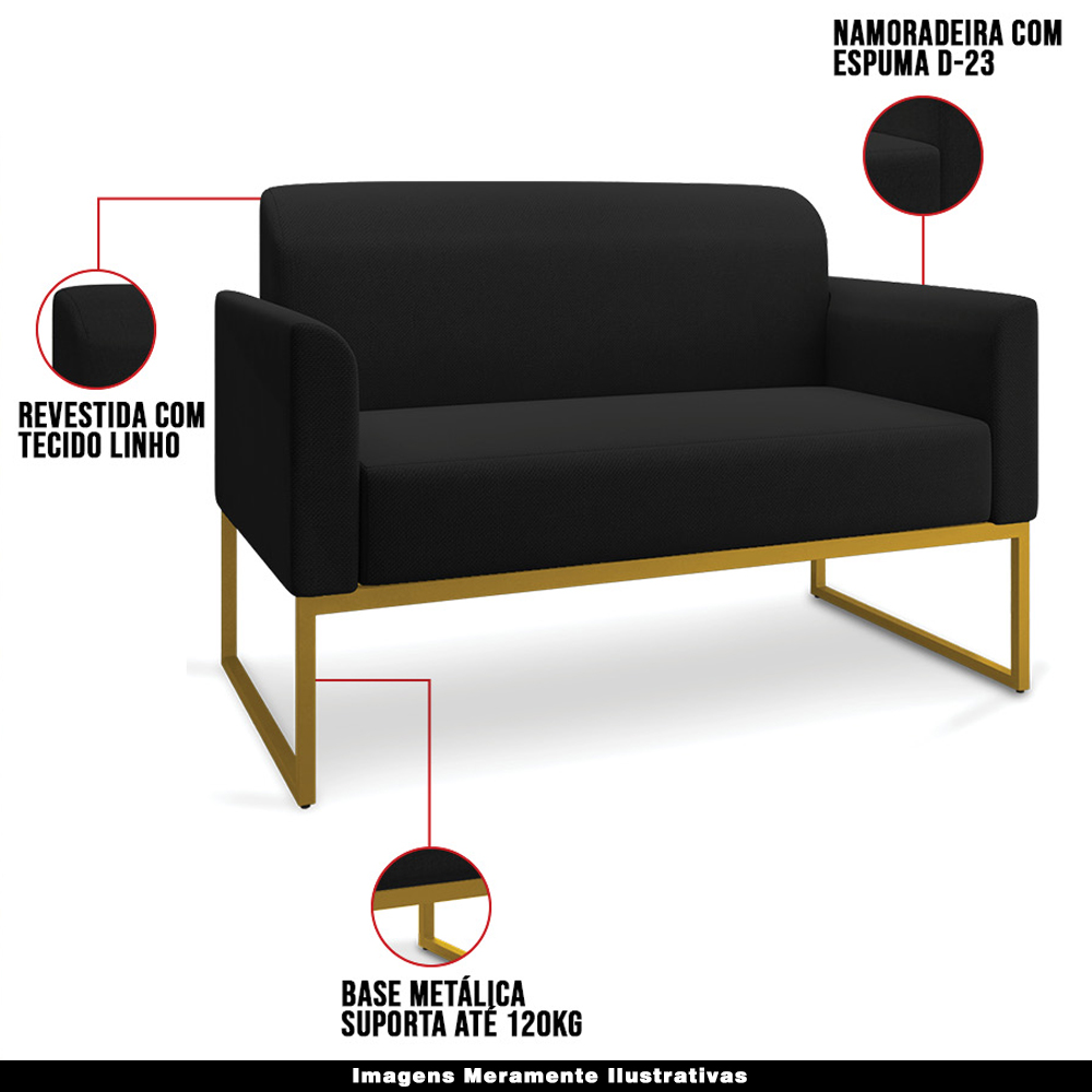 Conjunto Namoradeira e Poltrona Decorativa Isabella Base Industrial Linho Preto/Dourado G19 - Gran Belo