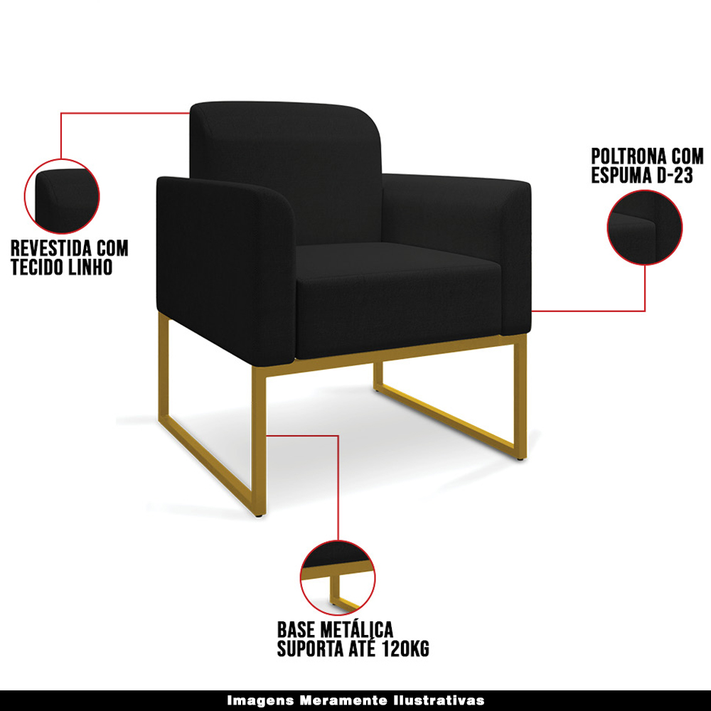 Conjunto Namoradeira e Poltrona Decorativa Isabella Base Industrial Linho Preto/Dourado G19 - Gran Belo