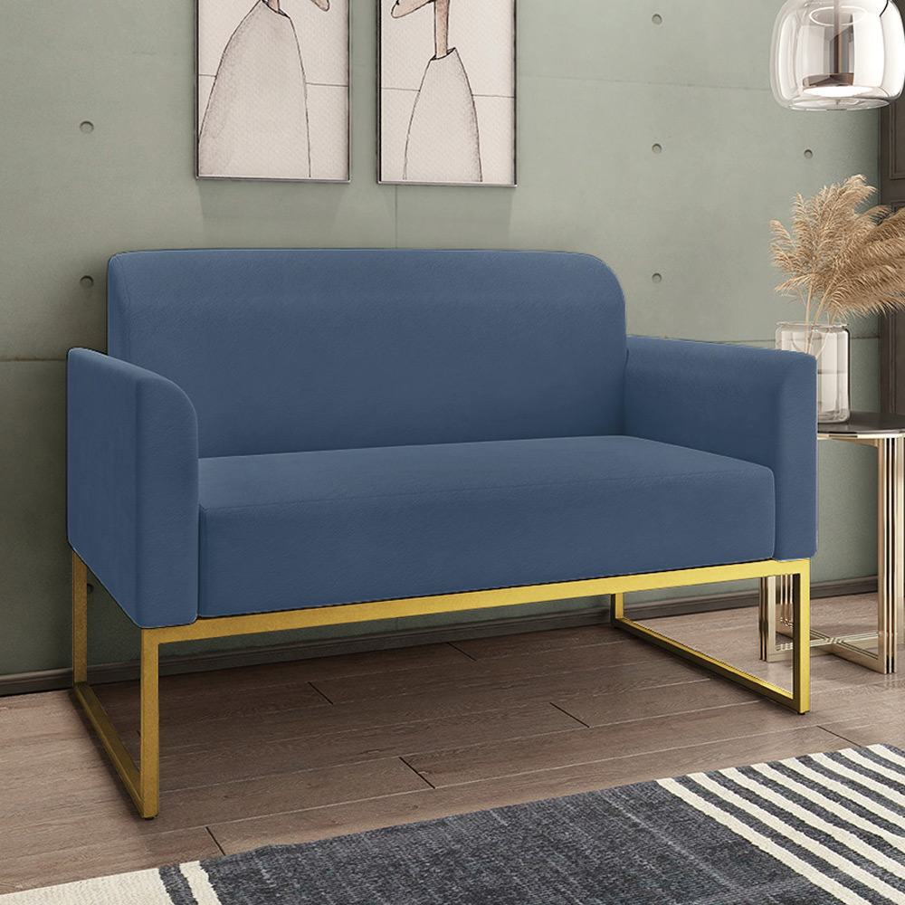 Conjunto Namoradeira e Poltrona Decorativa Isabella Base Industrial Suede Azul Marinho/Dourado G19 - Gran Belo