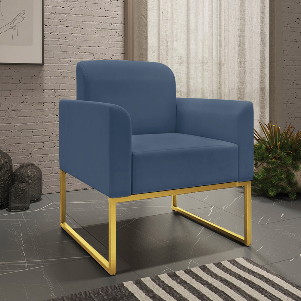 Conjunto Namoradeira e Poltrona Decorativa Isabella Base Industrial Suede Azul Marinho/Dourado G19 - Gran Belo