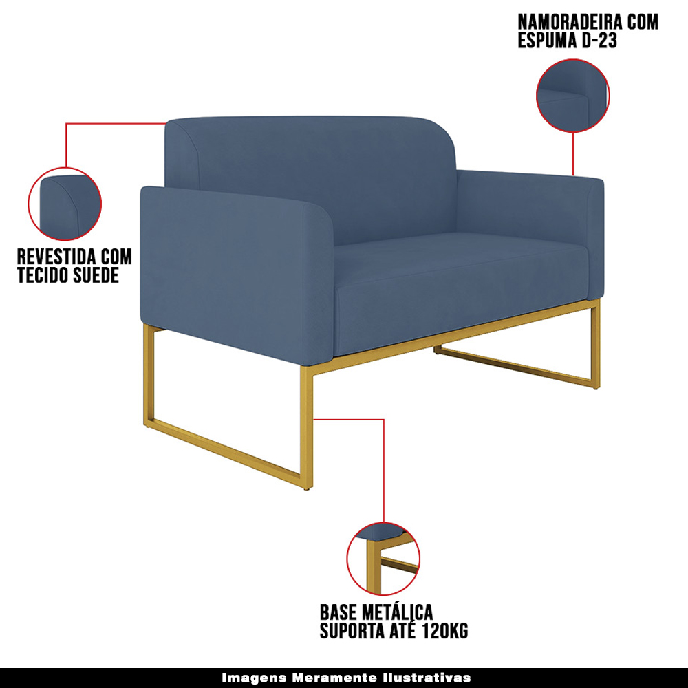 Conjunto Namoradeira e Poltrona Decorativa Isabella Base Industrial Suede Azul Marinho/Dourado G19 - Gran Belo