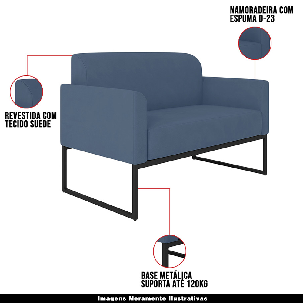 Conjunto Namoradeira e Poltrona Decorativa Isabella Base Industrial Suede Azul Marinho/Preto G19 - Gran Belo