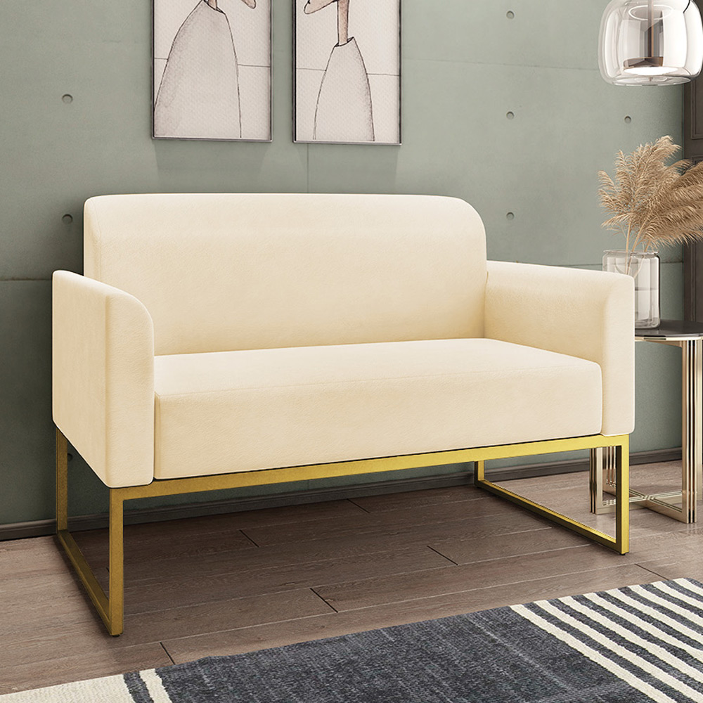 Conjunto Namoradeira e Poltrona Decorativa Isabella Base Industrial Suede Bege/Dourado G19 - Gran Belo